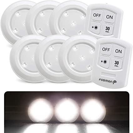 Fosmon (6個セット / 昼白色) LEDキャビネットライトタッチライトナイトライトバッテリー駆動式 リモートコントロール付き | 色温度 5700K ワイヤレス 小型室内照明 夜間ライト 寝室/玄関/階段/クロゼット/廊下/台所/本棚など
