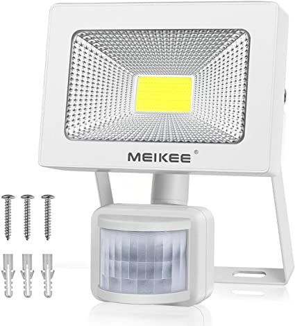 MEIKEE センサーライト 人感 20w LEDフラッドライト 6500K 2000LM PIR屋外センサー投光器 防水照明 駐車場 玄関灯 倉庫 町内の防犯灯 白 PSE認証済 プラグが3つ口