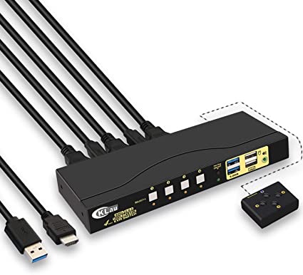 KVMスイッチ HDMI CKLau、USB3.0 HDMI KVM切替器、4ポート4K@60Hz HDMI2.0 HDCP2.2 3D/HDR対応、オーディオとUSB 3.0ハブ出力を搭載、ケーブルと有線リモコンが付属する