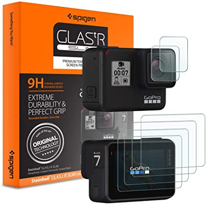 Spigen Gopro Hero 7 Black / 6 / 5 レンズ用2枚 / スクリーン用4枚 ガラスフィルムセット 9H硬度 強化ガラス レンズ保護 液晶フィルム 高透過率 飛散防止 (Glas.tR SLIM) (S47GL26221)