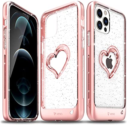 Vena vLove Apple iPhone 12 / 12 Pro (6.1 インチ) 専用 ケース (心 ハ キラキラ | 耐衝撃 落下 衝撃 吸収) 素材 強化保護 二重構造 TPU 背面 クリア 軽量 薄型 キラキラ可愛いケース - ローズ