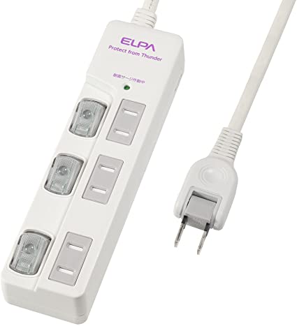 エルパ ( ELPA ) LEDランプスイッチ付 電源タップ 3個口 ( 2m / 耐雷サージ機能付 ) 延長コード WBS-LU302B(W)