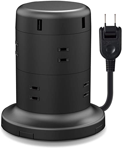 エレコム 電源タップ タワー型 延長コード 8個口 USB 5ポート 雷ガード ほこりシャッター 固定パーツ付 2m ブラック ECT-0620BK