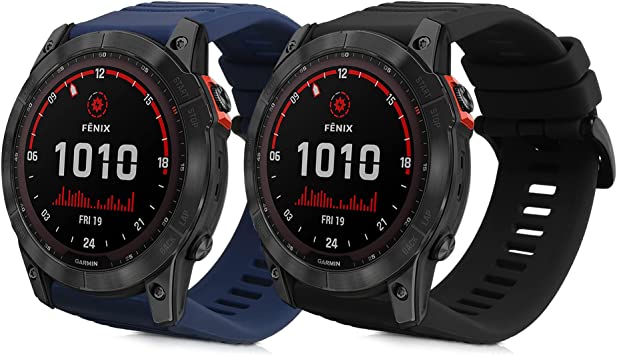 kwmobile 2x 対応: Garmin Fenix 7X / 6X Pro / 6X GPS / 5X GPS / 5X Plus バンド - 交換ベルト シリコンバンド ソフト TPU 耐久性 - 黒色/紺色