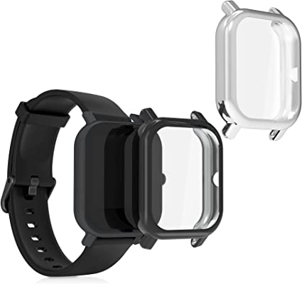 kwmobile 2x 対応: Huami Amazfit Bip/Bip Lite ケース - 保護ケース フルカバー シリコン 耐衝撃 全体保護 - 黒色/シルバー