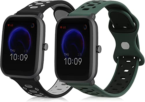 kwmobile 2x 対応: Huami Amazfit Bip/Bip Lite/Bip U/Pop バンド - 交換ベルト サイズL 活動量計 シリコン 耐久性 - 黒色/紺色