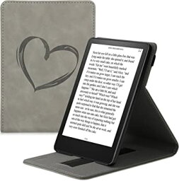 kwmobile 対応: Kindle Paperwhite (11. Gen - 2021) ケース - バンド スタンド付き カバー - 電子書籍 保護ケース ハートブラシデザイン グレー