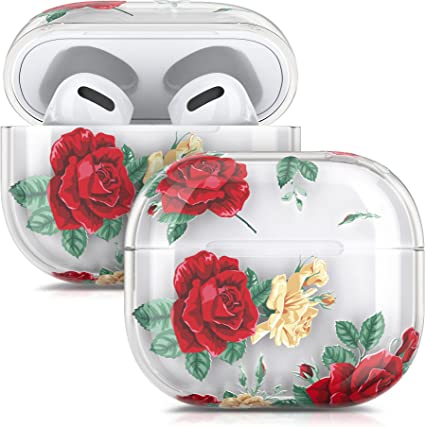 kwmobile 対応: Apple AirPods 3 ヘッドフォン 保護 ケース - プロテクション カバー ケースのみ 気品ある薔薇デザイン 赤色/ベージュ/透明