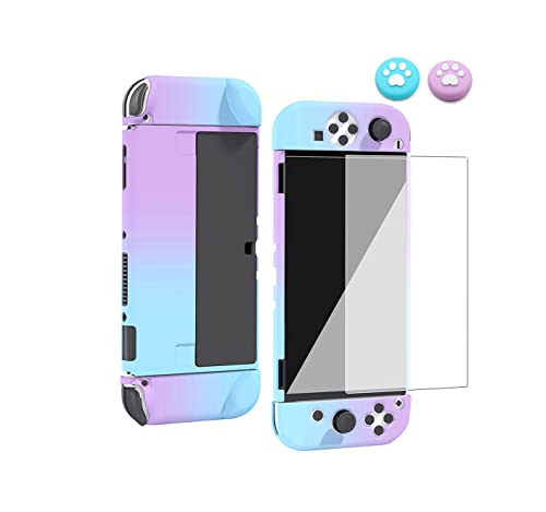 SHEAWA Switch OLED 有機ELモデル用ケース+保護フィルム+スティックカバー お得セット 保護ケース カバー かわいい 硬質ケース 耐衝撃 アクセサリー (ライトパープル ブルー)