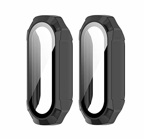 SHEAWA Xiaomi Mi Band 6用ケース カバー 2個セット PC+強化ガラスフィルム 保護ケース 保護フィルム 耐衝撃 9H硬度 全面保護 アクセサリー (ブラック)