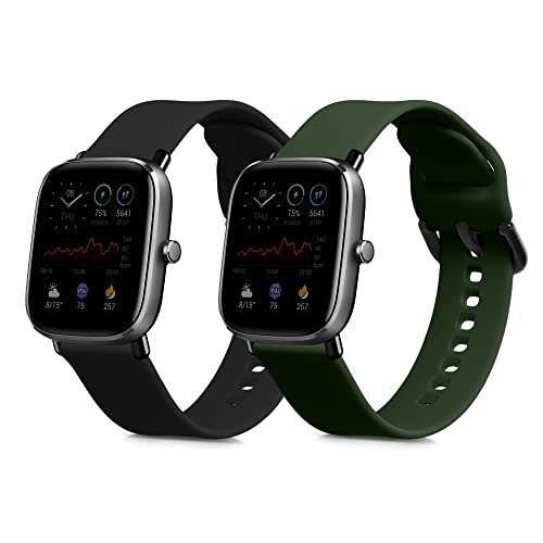 kwmobile 2x 交換ベルト 対応: Huami Amazfit GTS 4 Mini/GTS 2 Mini バンド - シリコンバンド ソフト TPU 耐久性 黒色/深緑色