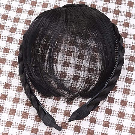 Frcolor 前髪ウィッグ 三つ編みウィッグ付 エアリーバング 空気感 カチューシャ ぱっちんクリップ ヘアバンド レディース 髪飾り ヘアアクセサリー 部分ウィッグ ブラック