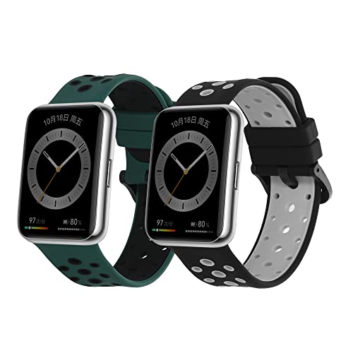 kwmobile 2x 交換ベルト 対応: Huawei Watch Fit 2 バンド - シリコンバンド ソフト TPU 耐久性 黒色/グレー/深緑色/黒色