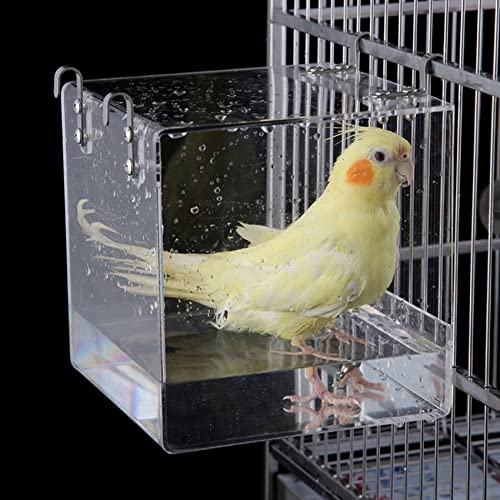 Hakona 鳥 水浴び容器 バードバス 外付け 文鳥 インコ 水浴び アクリル製 透明 とりかご 固定 4つのフック付き 鳥 おもちゃ お風呂 浴槽 セキセイインコ ケージ 多機能 水入れ 餌入れ トイレ ペット ハウス 水のみ鳥 オウム 鳥用品 ペ