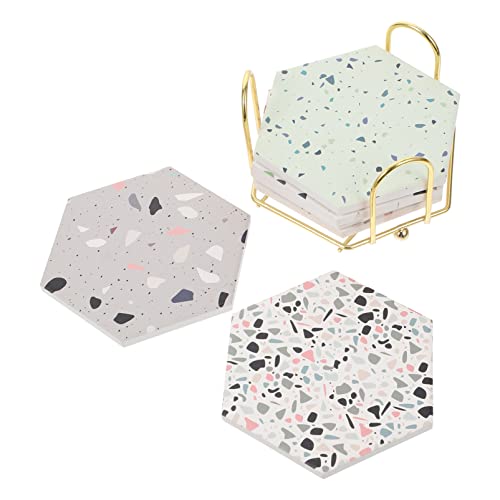 WINOMO コースター コルク おしゃれ セラミック 北欧 大理石 六角形 6枚 ラック付き マグ 断熱 吸水 速乾 滑り止め ランダム模様