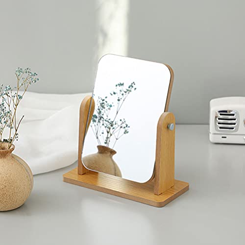 FRCOLOR 鏡 卓上 卓上ミラー 化粧鏡 回転可能 木製ベース 木製鏡 ミラー 卓上 女優ミラー 卓上鏡 化粧ミラー メイク用 化粧道具 インテリア オシャレ（長方形 大）