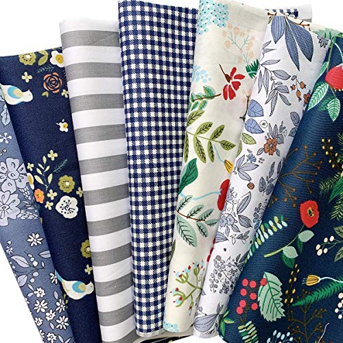 7枚 花柄 棉 カットクロス チェック ストライプ プリント生地 パッチワーク布 セット 46×56cm （ブルー）