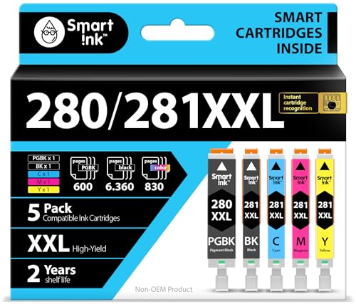 スマートインク互換インクカートリッジ。Canon 281 280 PGI-280XXL CLI-281XXL (5コンボパック)。Canonプリンター Pixma TR8520 TS9120 TS6120 TR8620 TR8620a TS6320 TR7520 PGBK/BK/C/M/Y用。