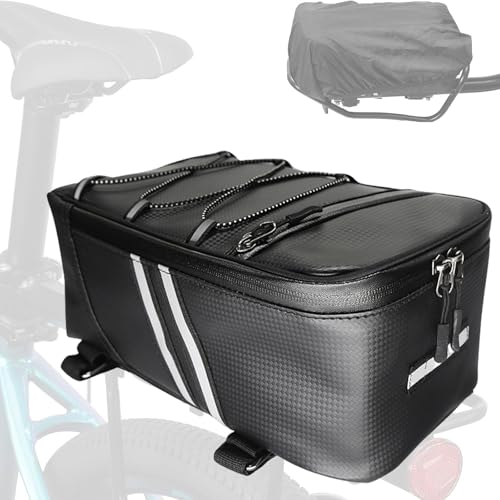 SensaBliss 自転車 リアバッグ パニアバッグ 大容量 8L 耐水PUレザー 反射テープ 自転車 バッグ 後ろカゴ 防水カバー付き リアキャリア バッグ マウンテンバイク クロスバイクロードバイク ロードバイク用 カゴ 防水 サイクルバッグ 収納袋