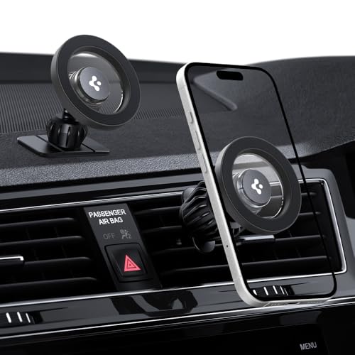 Spigen スマホホルダー 車【2 in 1 構成】強力なマグネット内臓 MagSafeリング付属 追加ダッシュボードマウント付き スマホスタンド 車載 iPhone 16/15/14/13/12シリーズ MFT13 ACP08316 (マット・グレー)