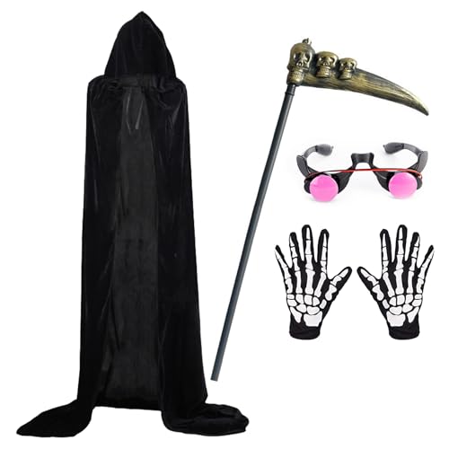 [IainStars] 死神 コスプレ 4点 セット ハロウィンマント フェイスマスク 手袋 かま コスチュームセッ..