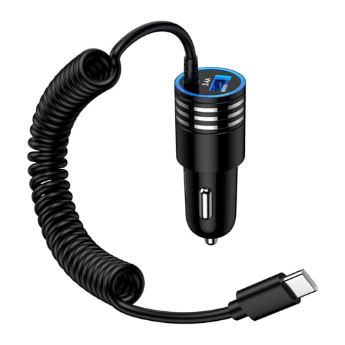 ANNIBER カーチャージャー コイル式Type-Cケーブル付き1.2mまで自由伸縮 iPhoneシガーソケット 急速充..