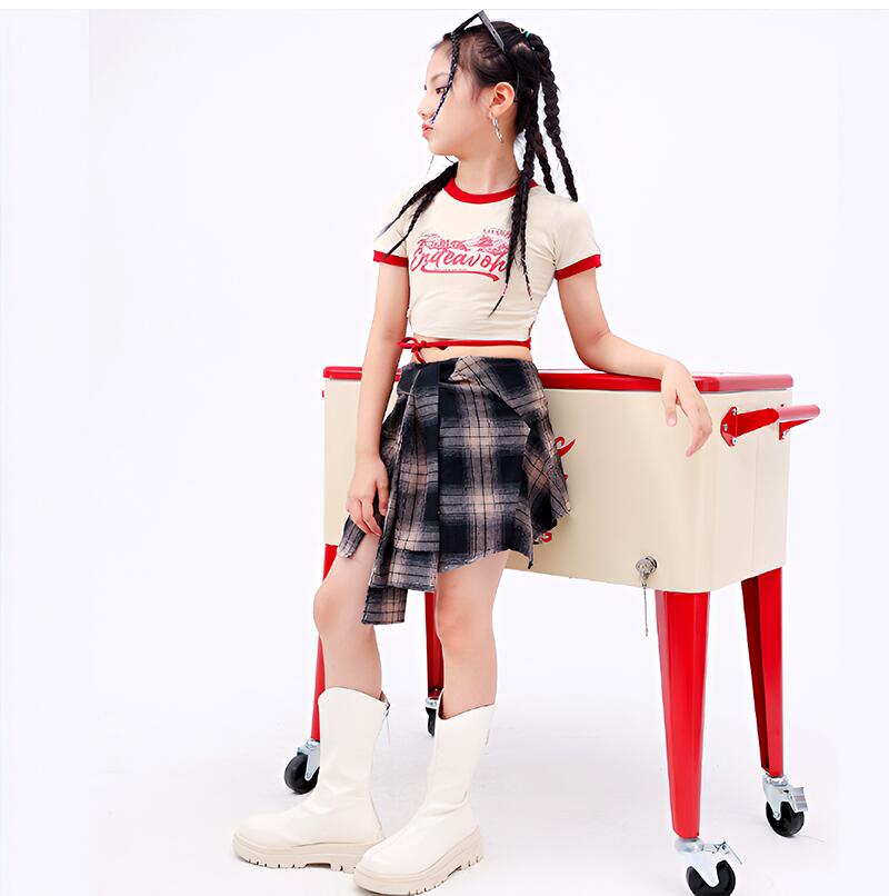 ダンス衣装 女の子 セットアップ セクシー へそ出し Tシャツ チェック柄 キュロット レッド 字母 キッズダンス hiphop 舞台 団体服 応援団 ガールズ ダンスウェア 演出服 K-pop 韓国 おしゃれ かわいい キュロットスカート 110 120 130 140 150 160 170 180