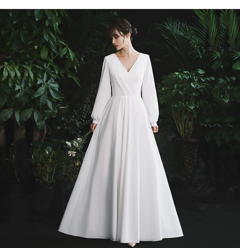ウェディングドレス 長袖 前撮り Vネック ウエディングドレス ゆったりタイプ トレーンドレス レディース 前撮り 後撮り 披露宴 結婚式 海外挙式 XS～XL