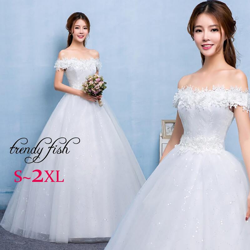 ウエディングドレス 大きいサイズ ウェディングドレス 白 二次会 Aライン 花嫁 刺繍 花柄 レース 肩見せ オフショルダー 編み上げ 華奢 着瘦せ 小さいサイズ シンプル 送料無料