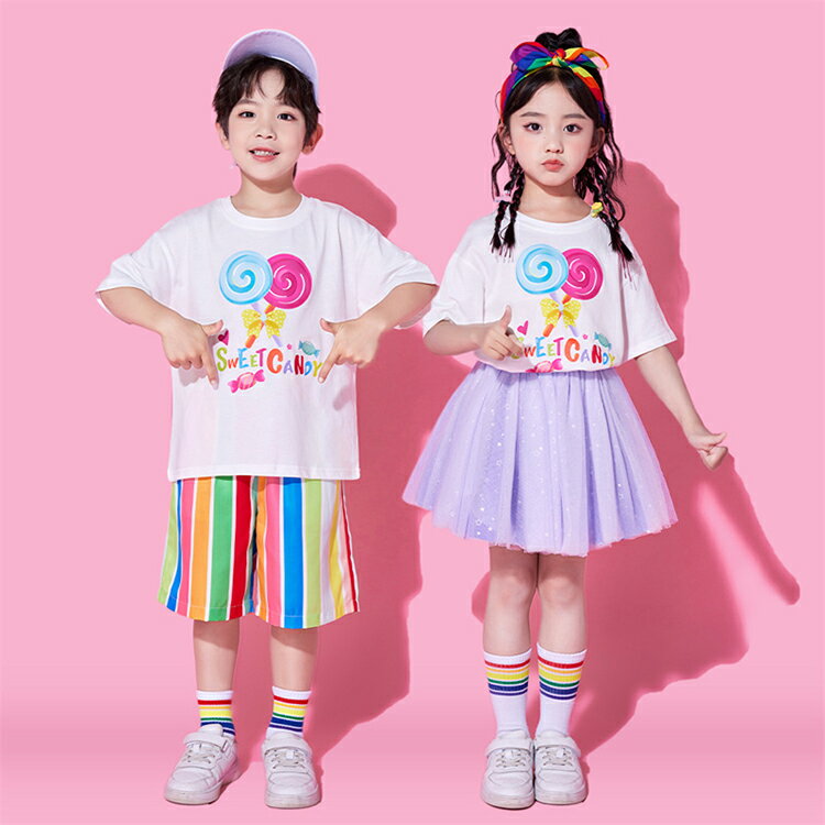 パープル 虹柄 メッシュスカート キッズダンス衣装 チアガール キッズ ダンス衣装 女の子 男の子 幼稚園 合唱団 応援団 発表会 舞台服 個性派 子供服 可愛い 半袖 メッシュスカート 短パン HIPHOP JAZZ K-POP 演出服 練習着 団体服 ステージ衣装 100-180cm