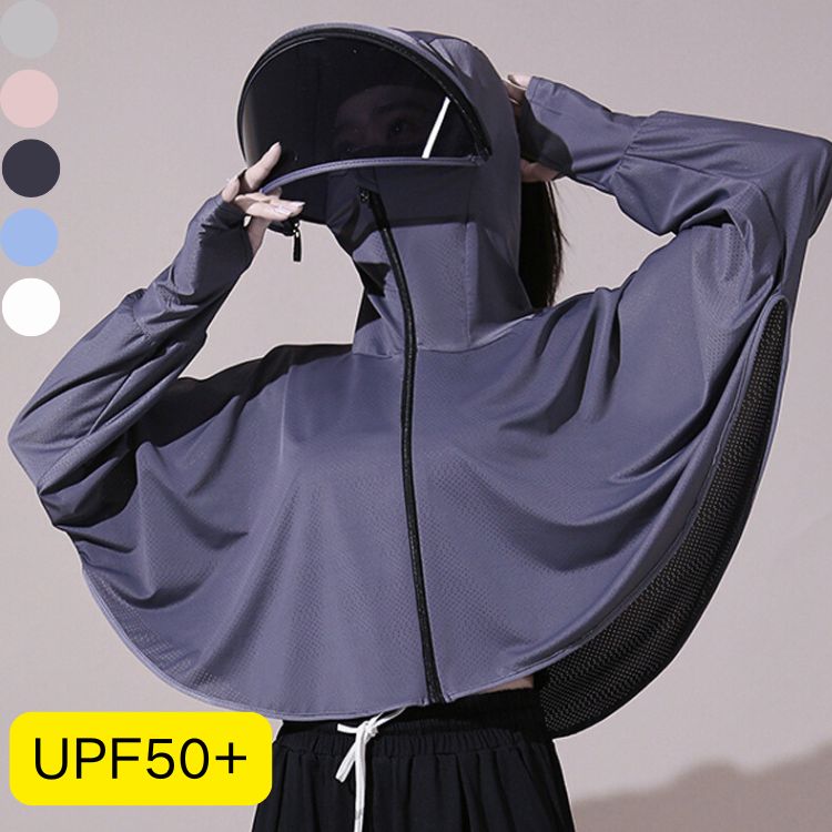 Rakuten - UV パーカー 冷感 -7℃ レディース UVカット 長袖 ラッシュガード 遮光 コーディング UVパーカー 2タイプ メッシュ 通気口 指穴 サンバイザー 日焼け防止 服 大きいサイズ トップス 楽ちん 紫外線対策 夏 薄手 おしゃれ つば 速乾 冷感 サン バイザー　フリル