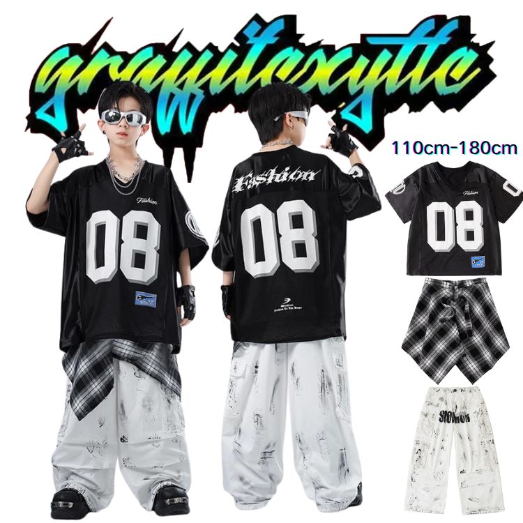 Rakuten - ブラック 黒 キッズダンス衣装 セットアップ ヒップホップ トップス tシャツ 長パンツ スポーツウェア 子供服 hiphop 女の子 男の子 ギャル ダンスウェア 韓国風数字 原宿系 発表会 演出服 練習服 応援団 個性 団体服 派手 かっこいい おしゃれ 110-180cm