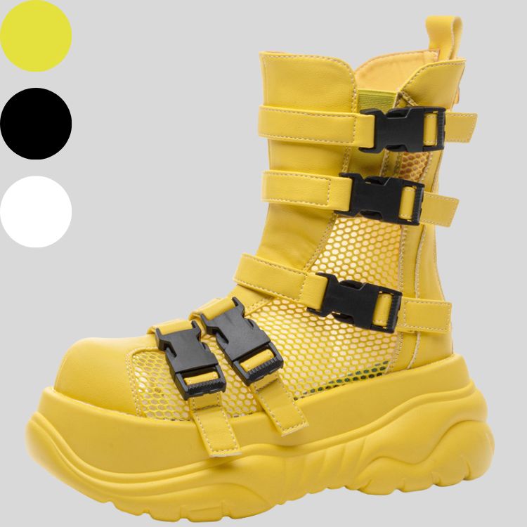 厚底 ブーツ メッシュ 黒 超厚底 コンバットブーツ ミドルブーツ ワークブーツ 靴 パンク ロック ゴシック メンズ シューズ 盛れる ごつい V系 韓国系 レディース 送料無料 サイドジッパー チャンキーソール カジュアルシューズ 歩きやすい コスプレ 小柄 通気性