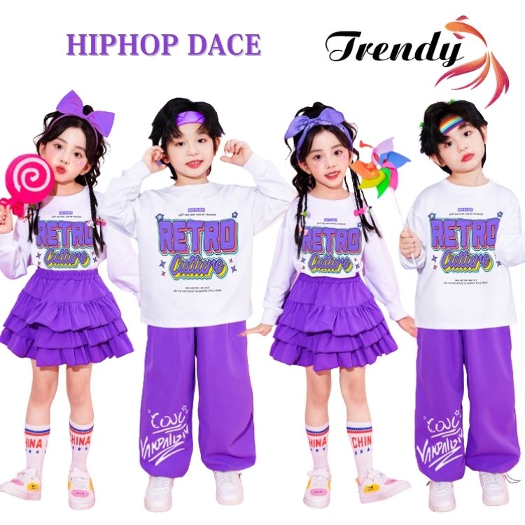 パープル ホワイト 紫 トップス トレーナー 英字柄 長パンツ ケーキスカート 長袖 キッズ ダンス セッ..