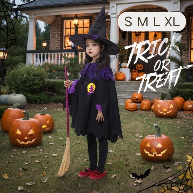 Rakuten - ハロウィン 子供 衣装 女の子　仮装　キッズ コスプレ 親子 コスチューム 魔女 ウィッチ 仮装 マント 子供 ケープ コスプレ かわいい パーティー 仮装 帽子 ほうき