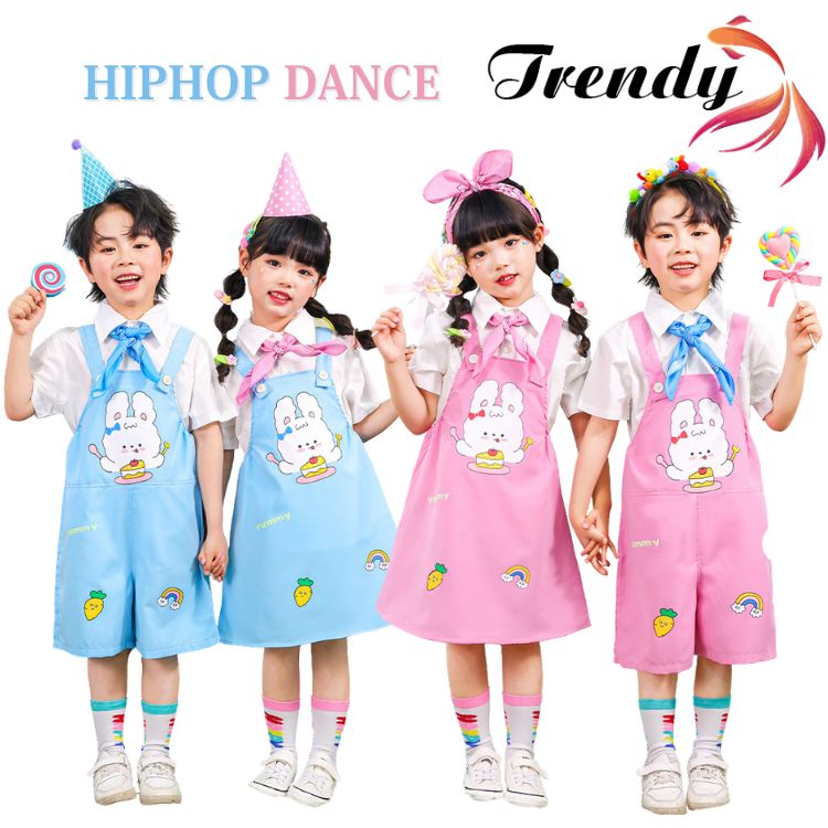 青色 ブルー ピンク 白シャツ うさぎ柄 サロペット サロペットスカート キッズ ダンス セットアップ 韓国 k-pop ヒップホップ 男の子 女の子 ギャル アイドル 可愛い カジュアル レジャー 子供服 ステージ衣装 jazz ジャズダンス 団体服 練習着 演出服 原宿系 110-170cm