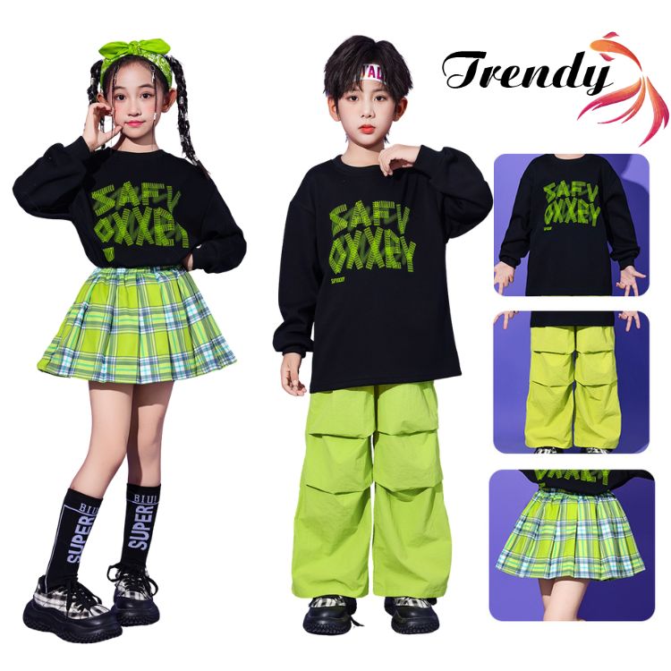 緑 黒 グリーン ブラック 格子柄 チェック柄 トップス トレーナー パンツ スカート キッズ ダンス セッ..