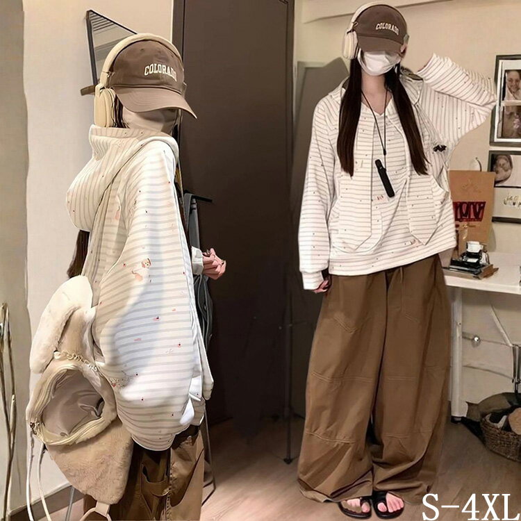乐天商城 - パーカー レディース スウェット フーディー 長袖 フード付き 犬柄 パーカー ピンク ストライプ かわいい ガーリー カジュアル コーデ 春秋冬 紐付き デザイン 大きいサイズ ゆったり 体型カバー カジュアル ストリート