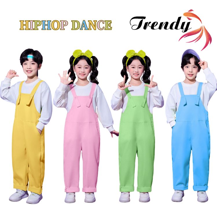 ピンク イエロー ブルー グリーン トップ サロペットパンツ ドーパミン カラフル キッズ ダンス セット..