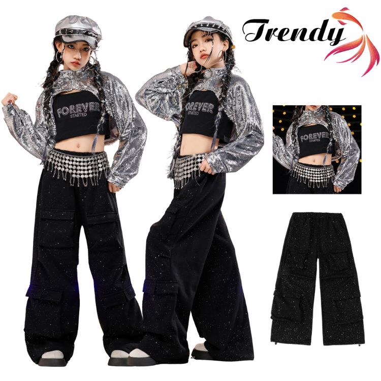 光沢 銀色 黒 シルバー トップス キャミソール 長パンツ スパンコール へそ出し キッズ ダンス セット..