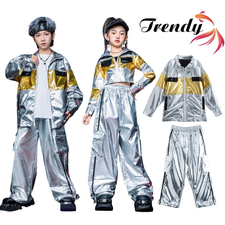 光沢 銀色 シルバー ジャケット インナー パンツ カーゴパンツ ヘソ出し 長袖 キッズ ダンス セットアップ 韓国 k-pop ヒップホップ 男の子 女の子 ギャル アイドル かっこいい カジュアル 子供服 ステージ衣装 jazz ジャズダンス 団体服 練習着 演出服 原宿系 110-180cm