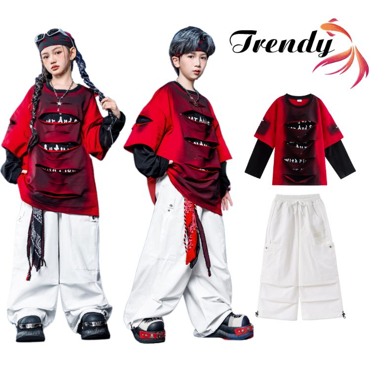 赤 白 レッド トップス トレーナー パンツ カーゴパンツ ダメージトップス 長袖 キッズ ダンス セット..