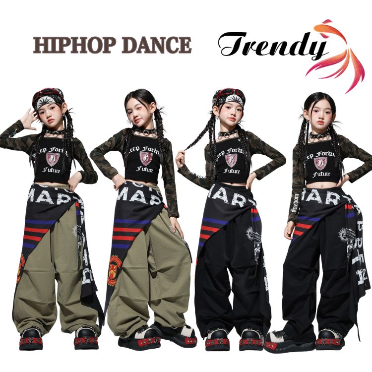 カーキ 緑 黒 トップス トレーナー 迷彩柄 長パンツ 迷彩パンツ へそ出し 長袖 キッズ ダンス セットア..