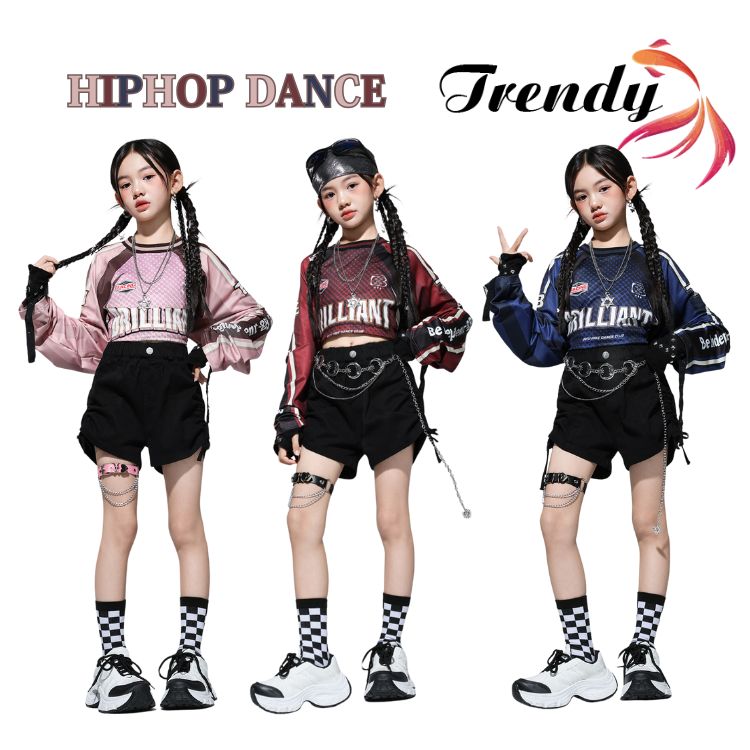 ピンク ブルー レッド トップス レーシング服 バイク風 スウェット 短パンツ 長袖 キッズ ダンス セッ..