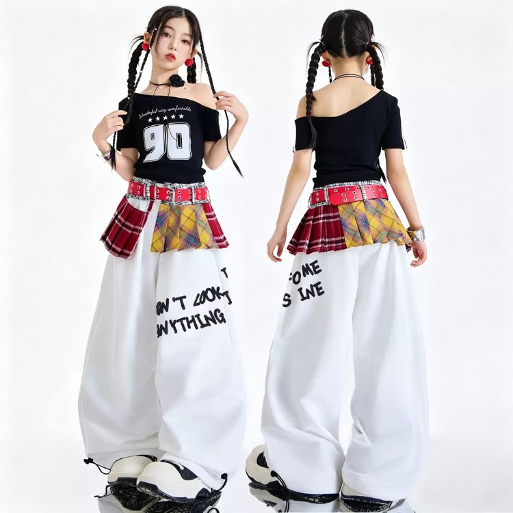 黒 オフショルダー 半袖 キッズダンス衣装 セットアップ ロングパンツ 白 ゆったり...