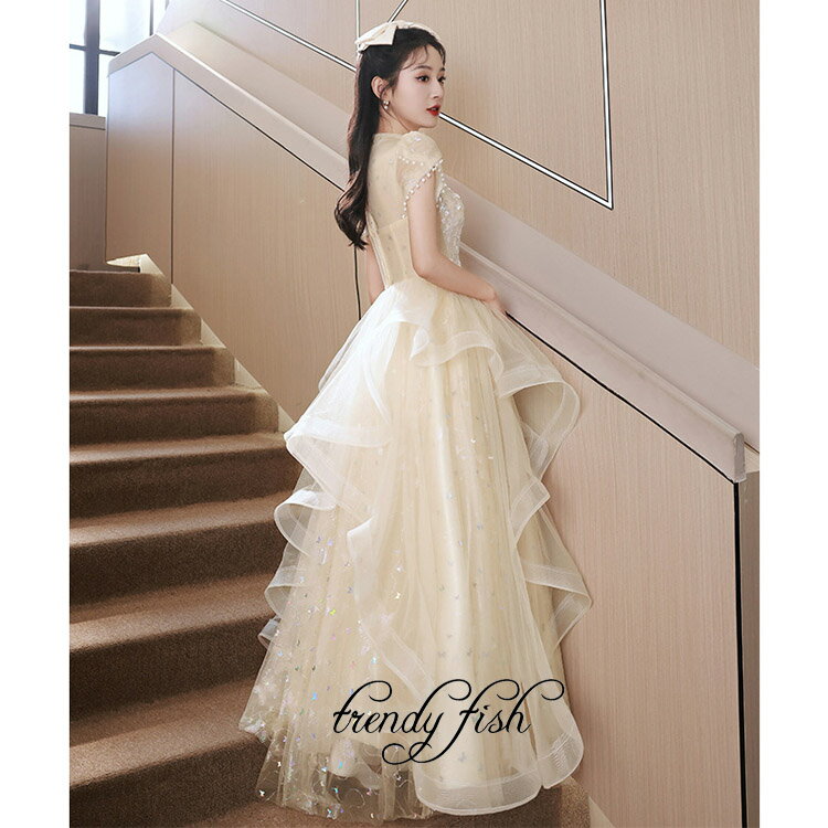 イブニングドレス パーティードレス ロングドレス シャンペン 半袖 ピアノ 発表会 花嫁 演奏会 司会者 カラードレス ウェディングドレス 演奏会 イベント用 フォーマル 結婚式 披露宴 コンサート 前撮り 後撮り ブライダル 合唱 フォーマル 謝恩会 披露宴