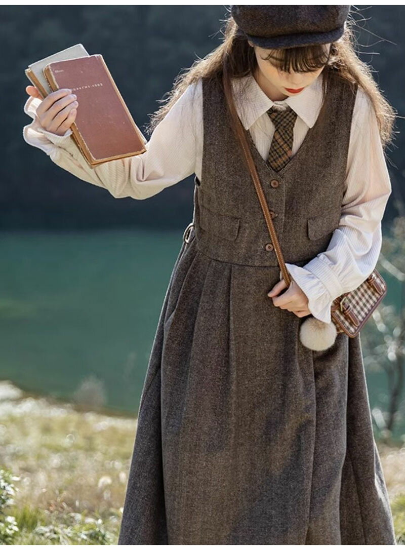 ジャンパースカート ワンピース レディース 厚手 防寒 学生服 制服 制服風 エレガント スタイル ドレス 秋冬 Vネック お受験 入学式 卒業式 発表会 ジャンスカ ボタン タンクワンピース 女の子 上品 重ね着 大人 きれいめ 文学風 無地 ロング スカート イングリッシュ レトロ