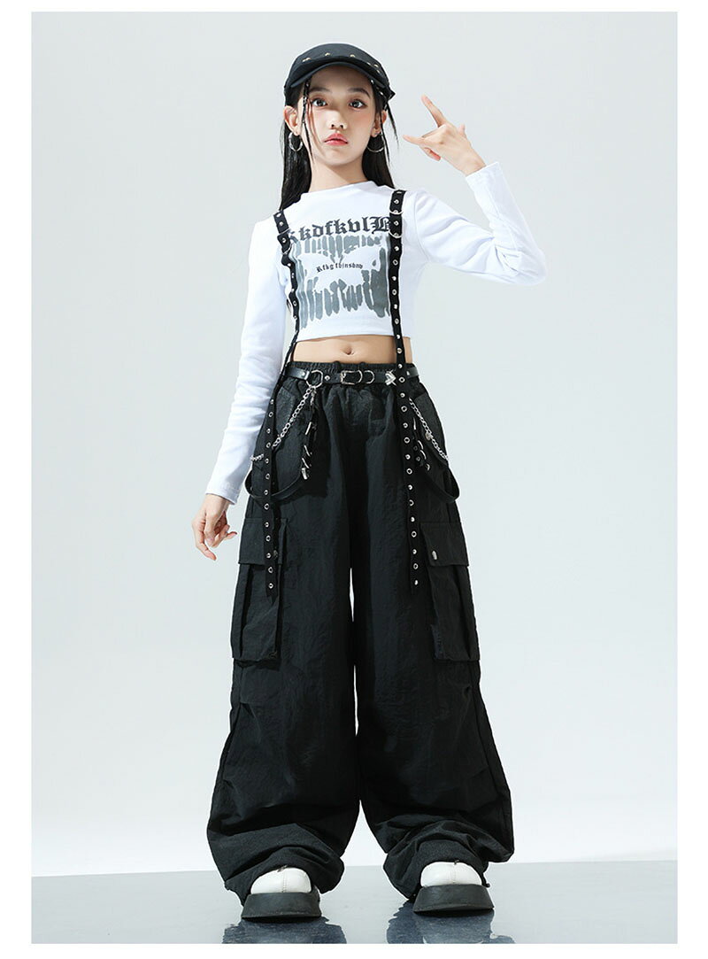 キッズ ダンス 衣装 セットアップ 女の子 白 トップス 黒 カーゴパンツ カーゴ パンツ キッズ ダンス衣装 長袖 単品 蝶柄 チアガール k-pop hiphop ダンスパンツ ヒップホップ カジュアル かっこいい カーゴパンツ へそ出し ダンスウェア ステージ衣装 演出服 発表会 練習着 2