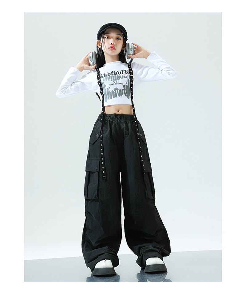 キッズ ダンス 衣装 セットアップ 女の子 白 トップス 黒 カーゴパンツ カーゴ パンツ キッズ ダンス衣装 長袖 単品 蝶柄 チアガール k-pop hiphop ダンスパンツ ヒップホップ カジュアル かっこいい カーゴパンツ へそ出し ダンスウェア ステージ衣装 演出服 発表会 練習着 3