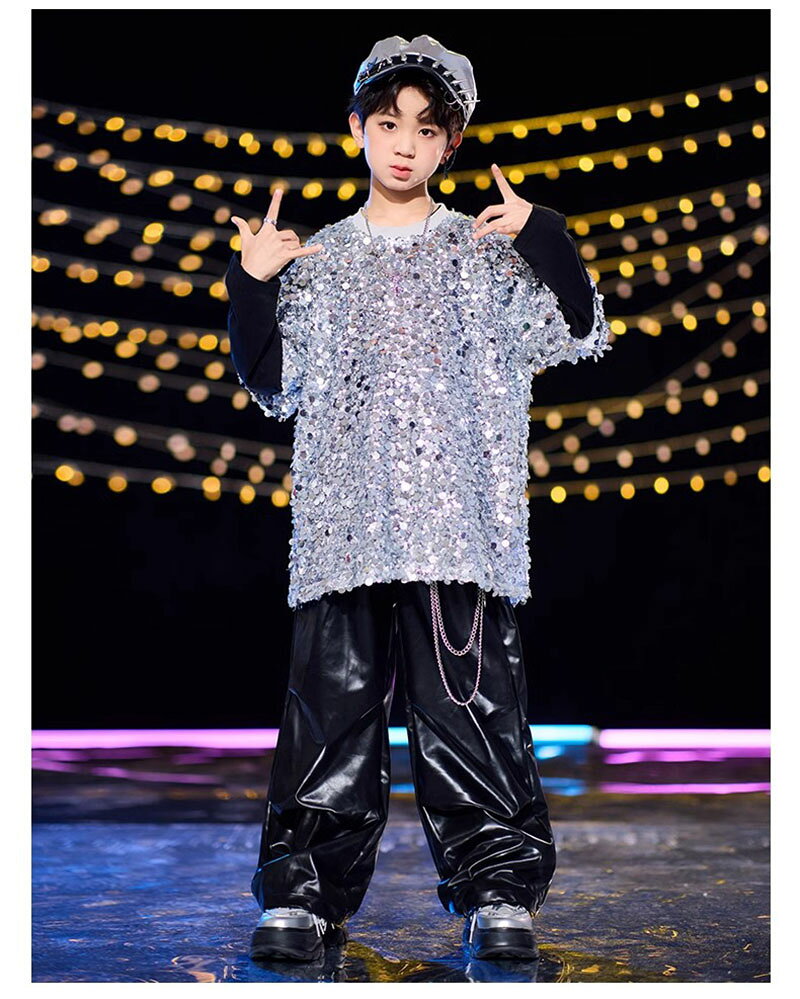 シルバー 銀 キッズ ダンス 衣装 ヘソ出し トップス キラキラ 黒 レザー パンツ セ...
